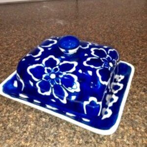 Indigo blue & white ceramic butter dish